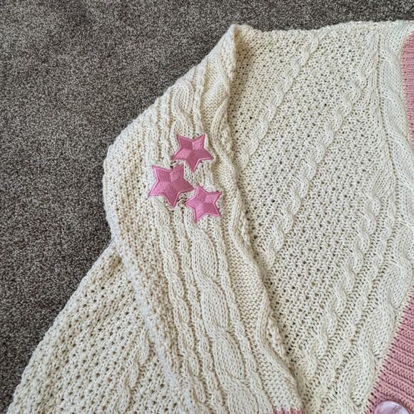 Ur My Lover Cardigan Chunky Cable Knit Button Cardigan Pink Cream Hearts L/XL - Picture 3 of 9